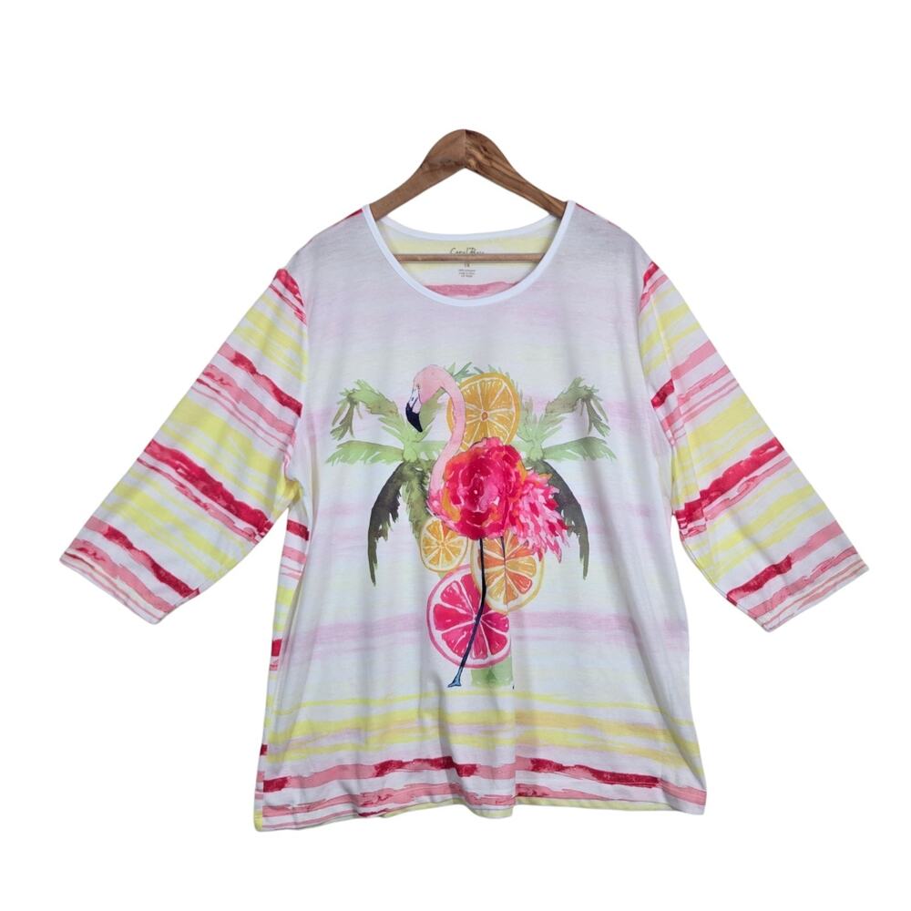 Coral Bay White Pink Yellow Striped Flamingo Graphic Long Sleeve Tee